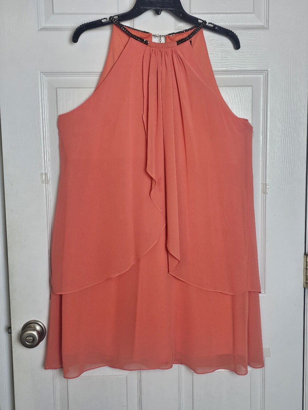 SLNY Halter Top Midi Dress Coral‎ Jeweled Neck Closure Size 14 Wedding Guest